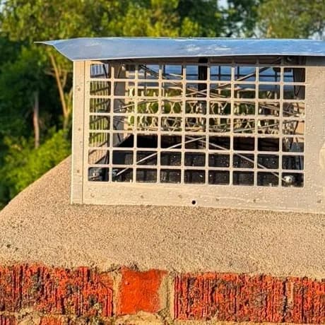 Heavy-mesh metal chimney cap installed on a rebuilt crown
