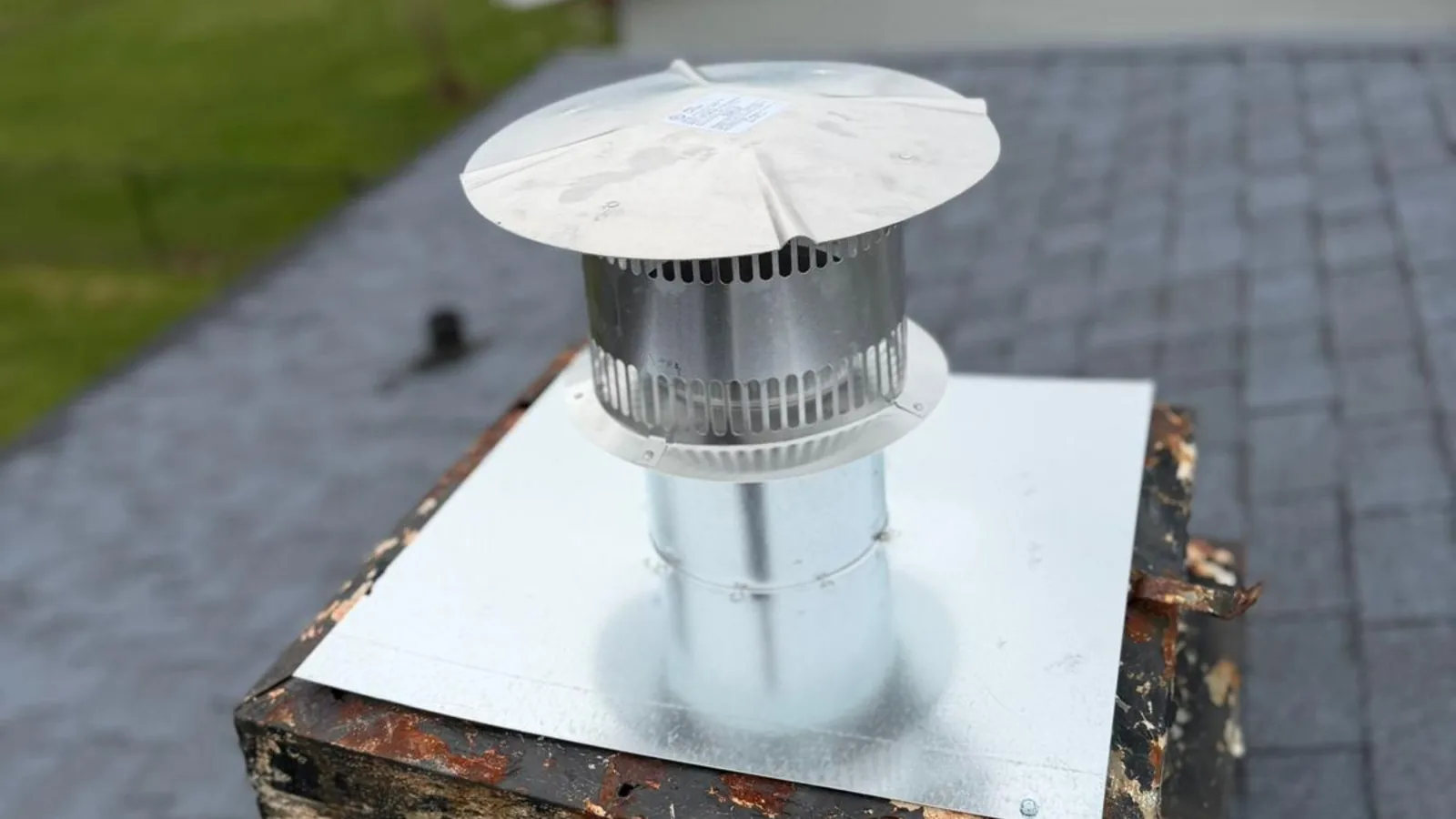 New metal chase cover and capped flue installed on a chimney chase
