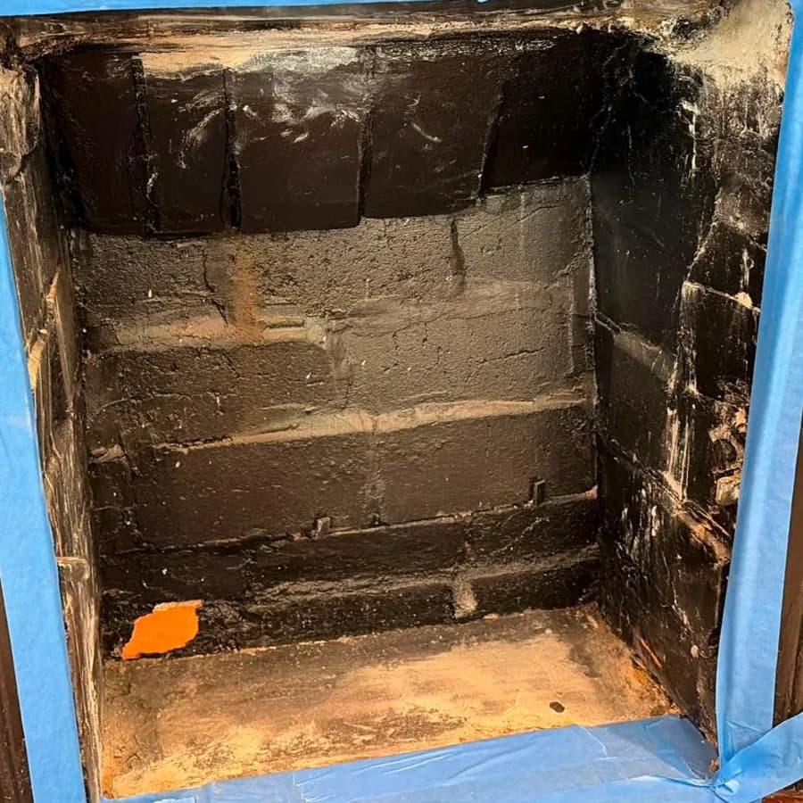 Soot-stained firebox before restoration